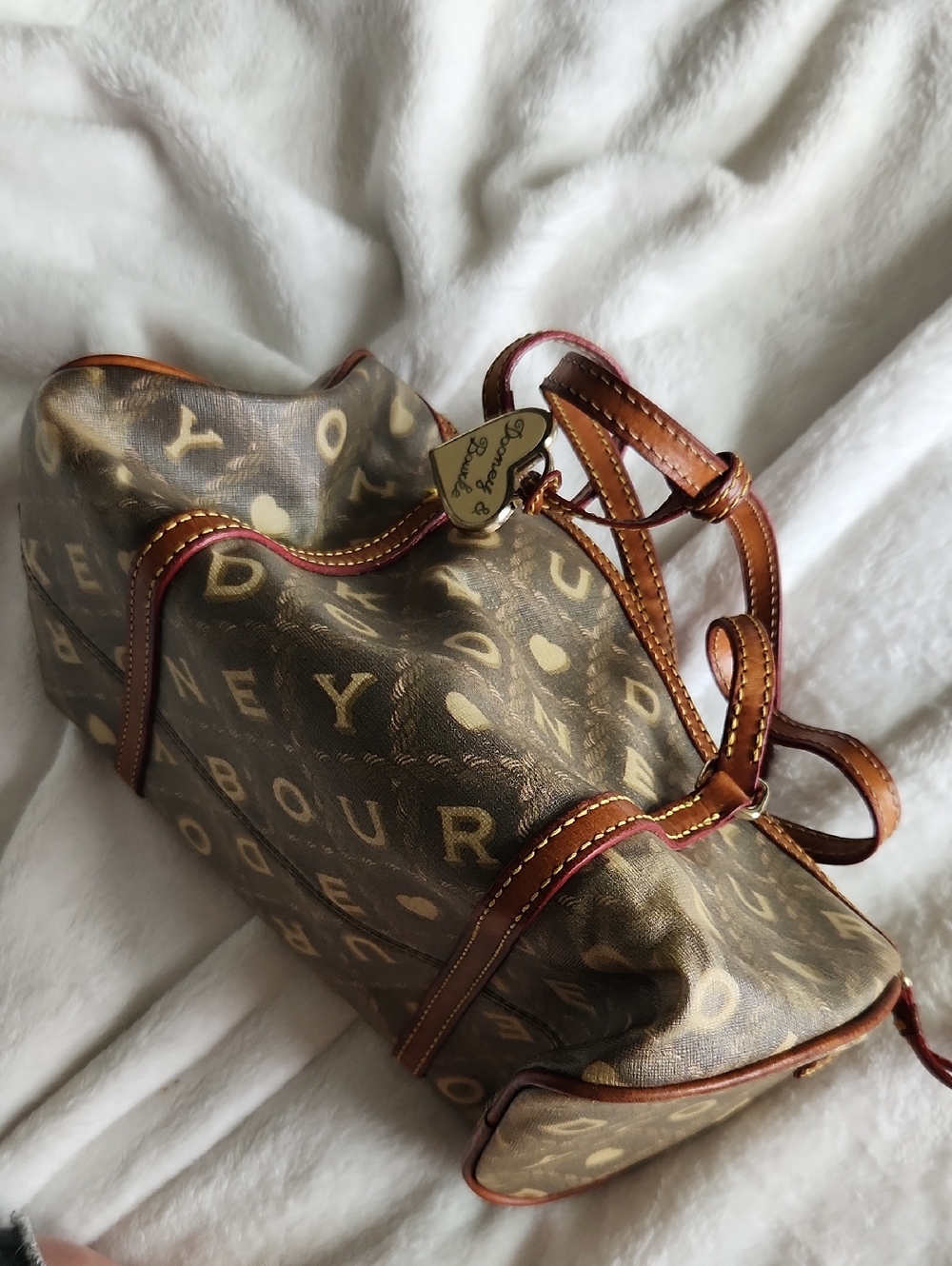Dooney & Bourke Brown Logo-Print Canvas Shoulder Tote with Tan Leather Trim